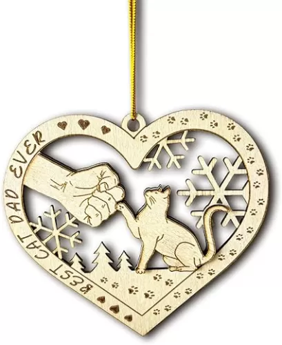 Best Cat Dad Ever Wooden Ornament - Cat & Dad Fist Bump Heart-Shaped Holiday Decoration - 2024 Kitten Christmas Ornament