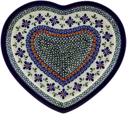 Blue Rose Polish Pottery Mosaic Flower Heart Plate