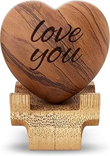 Carved Wooden Heart Shape Gifts - Love You - Engraved Olive Wood with Bamboo Stand - 5 Year Wooden for Her or Him - Christmas, Valentine