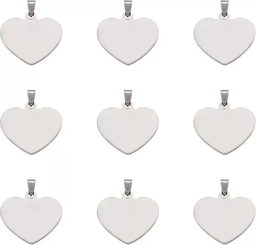 Cheriswelry 10Pcs 201 Stainless Steel Heart Stamping Blank Tag Pendants Stainless Steel Color Heart Metal Charms with Snap on Bails 33mm for DIY Necklace Earring Jewelry Making