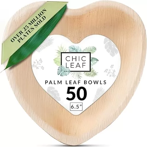 Chic Leaf Palm Leaf Bowls - Mini Disposable Heart Shaped Bamboo Plates - Paper Plates Alternative for Weddings & Parties - Biodegradable & Compostable Party Supplies (6.5'' - 25 Pack)