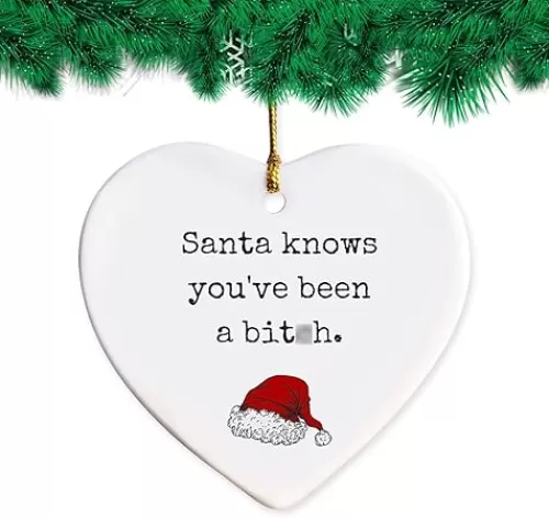 Christmas Funny Heart Shaped Ornament, Santa Knows You've Been Ornament, Funny Christmas Ornaments for Adults, Naughty Offensive Christmas Ornaments, Prank Christmas Ornament Gag Gifts (A)
