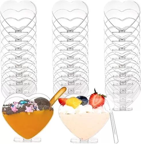 Coloch 100 Pack Plastic Mini Dessert Cup with Spoon for 4 oz Dessert/2.7 oz Liquid, Clear Parfait Appetizer Cup Heart-shaped Small Serving Bowl for Party, Buffet, Valentine