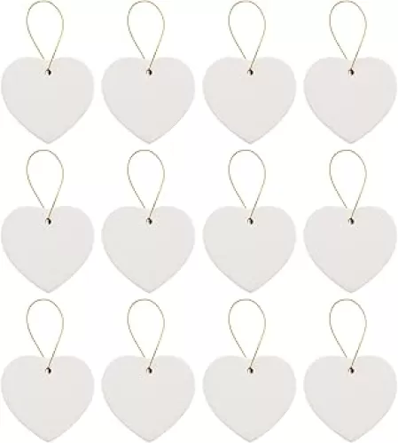 Creative Hobbies Ready to Paint DIY Glazed Porcelain Ceramic Heart Shape Ornaments with Hanger for Christmas Tree and Holiday Decoration | Pack of 12