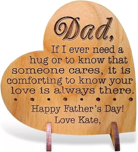 Custom Engraved Alder Wood Greeting Card for Dad Personalized Heart Shaped Fathers Day, Birthday, Chrismas, Thank You Unique Daddy Godfather Grandpa Dad Gift from Kids Wife for Him Comes with Stand