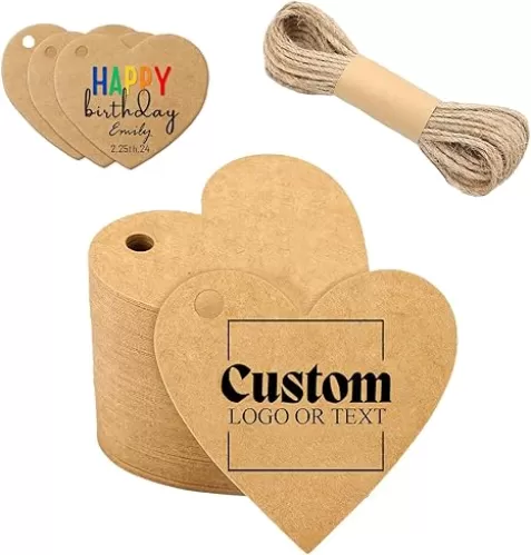 Custom Heart Tags with String, Personalized Kraft Heart Tags, Custom Heart Shaped Hang Tags, Present Heart Tags, Gift Tags for Bridal Shower Wedding Favor Baby Shower (2.3inch Heart Shape)