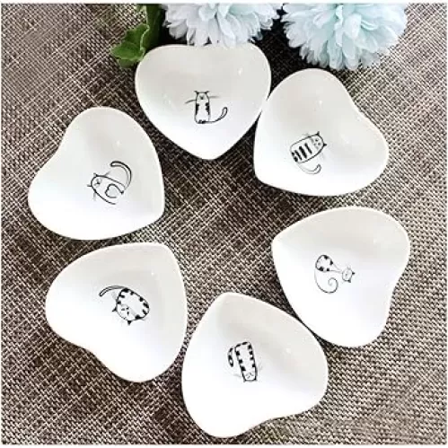 Cute Cat Ceramic Side Sauce Dishes Mini Heart shape Seasoning Dish, Sushi Soy Dipping Bowl, Serving Saucers Dishe, Meow Porcelain Small Tea Bag Holder Set of 6 (Cat)