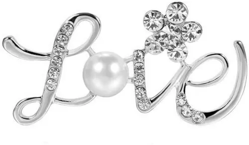 Dainty Love Letter Brooch Pin for Women Girls, Elegant Rhinestone Pearl Brooch Love Flower Scarf Brooch Shawl Pin Clip Badge Corsage Wedding Party Clothes Accessories