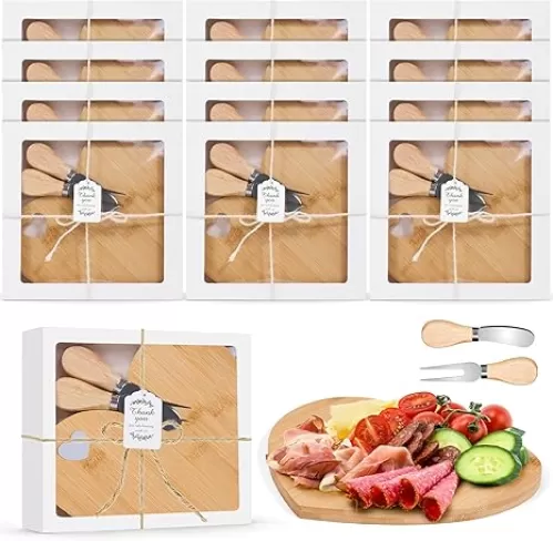 Defined Deco 12 Set Heart Cheese Board Cheese Knives Wood Mini Charcuterie Board, 8.3x7 Inch Mini Charcuterie Boards with Knives, for Guest Bridal Baby Shower Prize Wedding Birthday Valentines Day