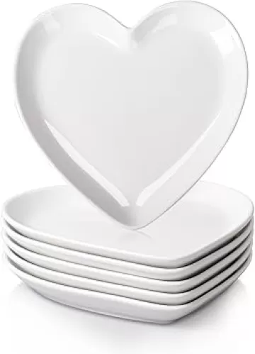 DELLING Heart Shaped Dessert Salad Plates- 6 Pack, 7.3 Inch Ceramic White Dinner Plates, Heart Dishes for Dessert, Appetizer, Steak, Snacks, Microwave & Oven Safe, Thanksgiving & Christmas Day Gifts