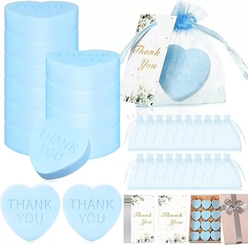 Demissle 60 Sets Scented Heart Soap Favors for Guests Baby Shower Favors Soaps Thank You Gifts with Thank You Tags Drawstring Organza Bag Guests Wedding Party Bridal Shower Gift(Blue)