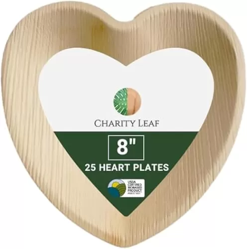 Disposable Palm Leaf 8" Heart Plates (25 pieces) Bamboo Like Serving Platters, Disposable Boards, Eco-Friendly Dinnerware For Weddings, Catering, Events
