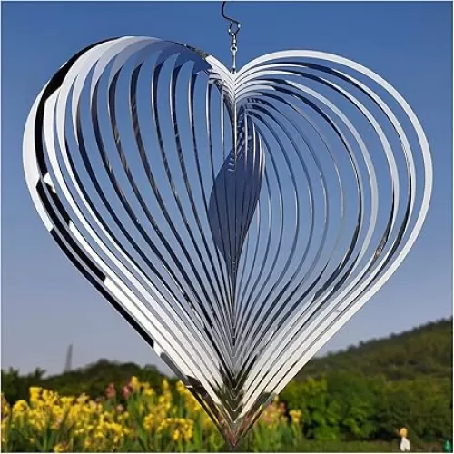 DJUAN Wind Spinner Outdoor Metal Decorations, Silver Heart Wind Spinners for Yard and Garden, Stainless Steel Wind Chimes for Outside Decor, Birthday Gifts for Mom, Mother