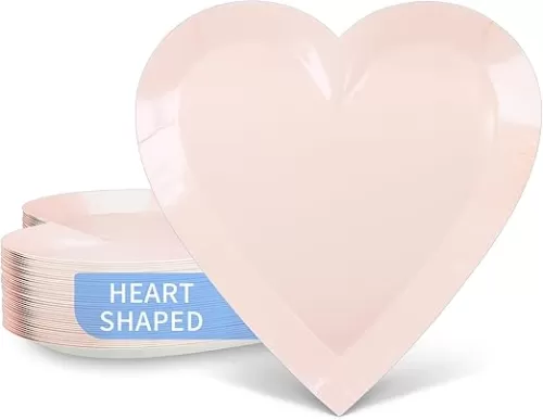 DYLIVeS Pink Heart Shaped Dessert Plates, 9'' Disposable Paper Plates for Heart Party Decorations and Supplies - Perfect for Graduation, Holiday, Wedding, Birthday, Bridal Shower (40 Count)