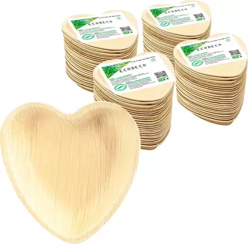ECODECO Palm Leaf Compostable Plates - 100 pcs - Heart - Disposable Eco Friendly Like Bamboo Party Plates - 4 Inch