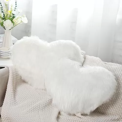 Enhon 2 Pcs Fluffy Heart Pillows Faux Fur Heart Shaped Plush Pillow Soft 20 x 15.7 Inch Love Throw Pillows with Insert for Decorative Office Home Bedroom Living Room Sofa(White)
