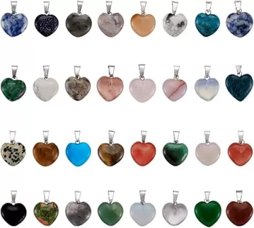 FASHEWELRY 50pcs Heart Shaped Stone Pendants Healing Chakra Crystal Gemstone Rock Charms Random Mixed Bulk for Valentine