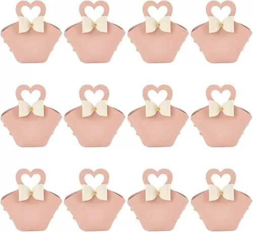 FINGERINSPIRE 12 Sets Leather Bowknot Gift Boxes with Handle 6.3x4.9x2inch Pink Reusable Mini Handbag Treat Box Wedding Candy Gift Bags with Heart-shape Handle for Wedding Baby Shower Birthday Party