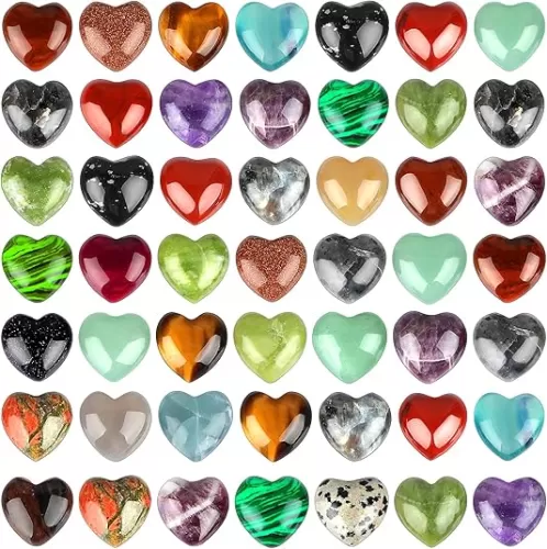 Fumete 50 Pcs Natural Heart Shaped Crystal Stones Bulk Worry Stones Healing Gemstone Gifts for Woman Mini Assorted Pocket Heart Stone for Energy Balancing Meditation