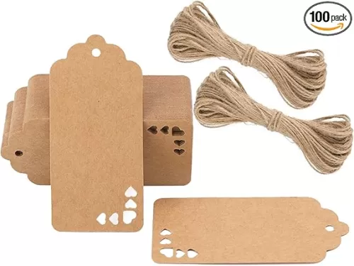 G2PLUS Kraft Paper Hollow Heart Gift Tags, 100 PCS Brown Paper Heart Shape Blank Hang Tags with Twine for Party Favors, Baby Shower Favors, Wedding, Thanksgiving, Valentine's Day, and Crafts Decoration