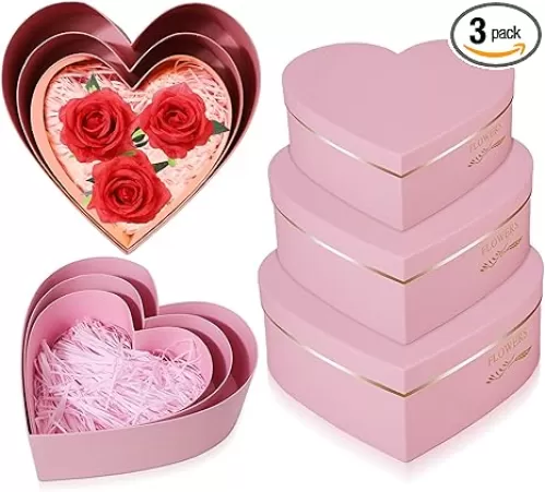 Glenmal 3 Pcs Heart Shaped Gift Boxes with Lids 100g Shredded Paper Fill Nesting Heart Flower Boxes for Wedding Bridesmaid Birthday Baby Showers Arrangements Present Packaging(Pink)