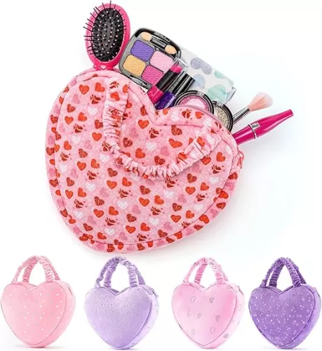 Gloveleya Plush Handbag Heart-shaped Hand Carrying Bag Pink with Printed Big Red Hearts, Soft Fabric, Perfect for Carrying in a Playful and Stylish Way, Compact Design 8-inch