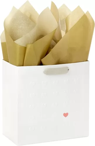 Hallmark Signature Studio 7" Medium Gift Bag with Tissue Paper (Embossed Hearts, White, Pink, Gold) for Birthdays, Valentine's Day, Baby Showers, Bridal Showers