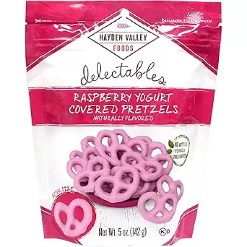 Hayden Valley Foods Raspberry Yogurt Covered Pretzels | 5 oz Resealable Bag | Gourmet Flavored Pink Valentine's Day Pretzels
