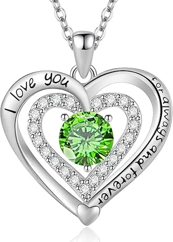 Heart Necklace, I Love You Always & Forever, Birthstone Cubic Zirconia Pendant, Gift for Women