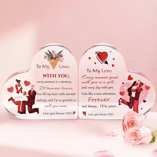 Heart Shaped Acrylic Decor Set of 2 Engraved Love Messages Meaningful Gift for Couples and Lovers on 2025 Holiday Anniversaries and Special Days