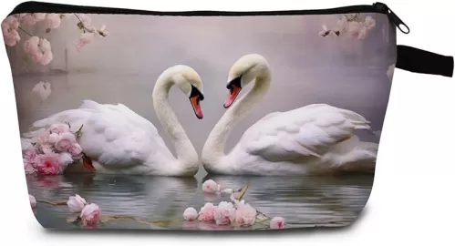 Heart-Shaped Swans Print Cosmetic Bag Romantic Gift for Birthdays & Holidays Zippered Love Story Organizer Timeless Gift for Soulmates