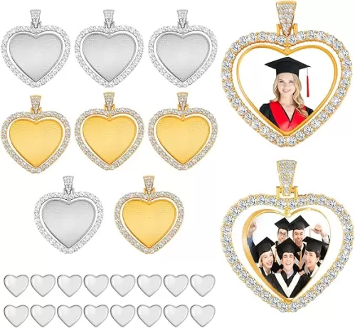 Hicarer 24 Pcs Rhinestone Pendant Trays Set Including 8 Heart Shape Double Sided Blank Pendant Charms with 16 Glass Domes Blank Discs Necklaces Halloween Jewelry Making