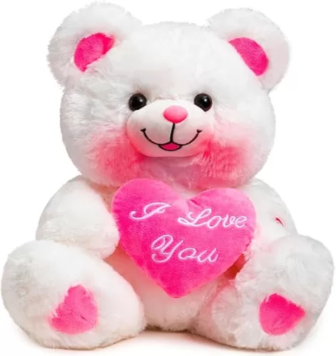 HollyHOME Teddy Bear with Heart Plush Pink Bear That Says I Love You and Blushes LED Stuffed Toys for Girlfriend and Kids 13 inch White