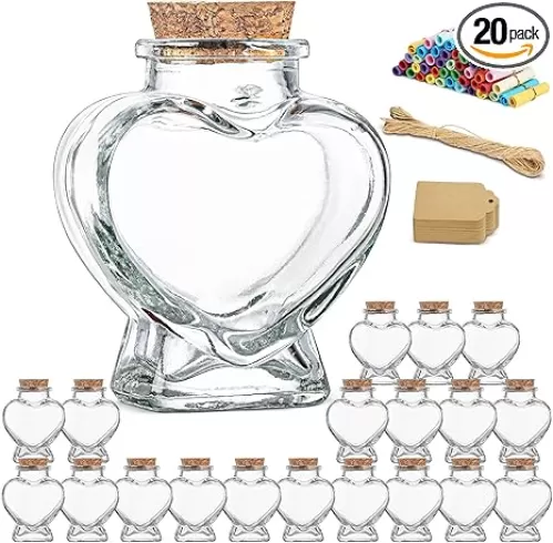 Honeymoon Sand Keepsake Jar 2025, 20 Pack Heart Shaped Spell Jars Coloured Paper Scrolls, DIY Gift for Valentine's Day, Small Glass Jars with Cork Lid for Baby Shower, Wedding Favor