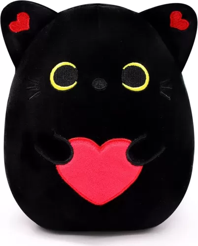 iBccly Black Cat Plush, Valentines Stuffed Animal Soft Cat Plush Doll, Love Heart Kitten Stuffed Animal Pillow Toys Valentine