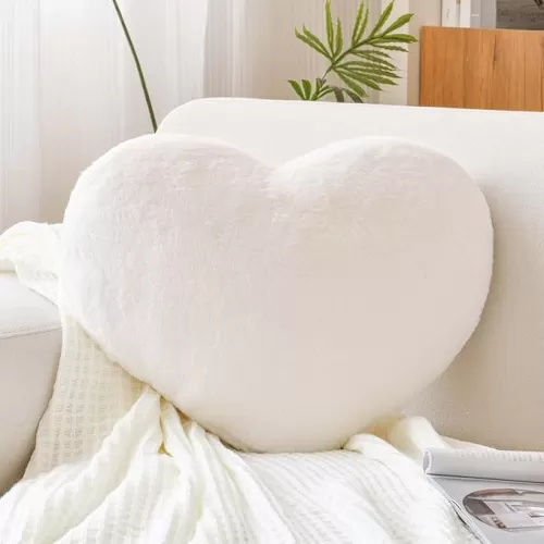 Ivory Heart Pillows, Cute Heart Decorative Pillow, Heart Shaped Throw Pillows for Bed, Faux Rabbit Fur Plush Hoom Decor Pillow Cushion for Chair Sofa Living Room (Mini 12.9" x 9.8")