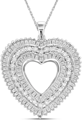 JEWELEXCESS Sterling Silver (.925) or 14K Gold over Silver Heart Necklace with 1.00 Carat White Diamonds | Jewelry for Women with Round & Baguette White Diamonds & 18 inch Rope Chain with Spring Clasp