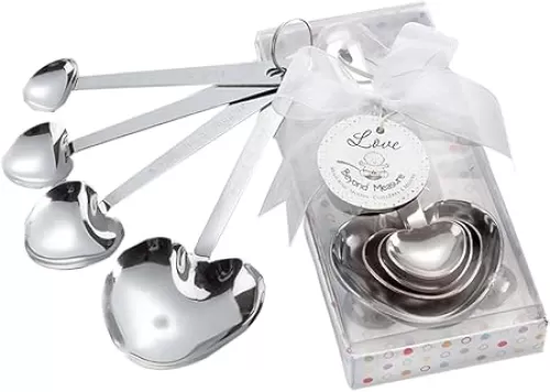 Kate Aspen "Love Beyond Measure" Stainless-Steel Heart Shaped Measuring Spoons Set Baby Shower Favors with Cute Sayings, Baby Shower Game Winners Guest Prizes, Pack of 4 Silver