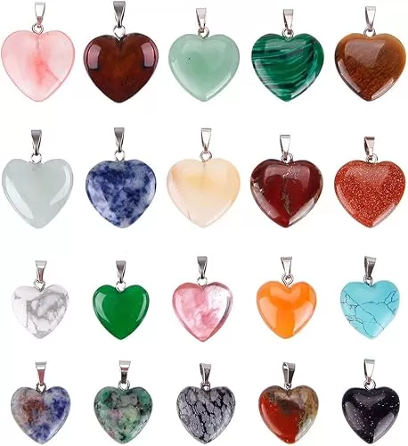 Keyzone 20 Pieces Heart Shaped Stone Pendants Charms Crystal Chakra Beads for DIY Necklace Jewelry Making, 2 Sizes, Assorted Color