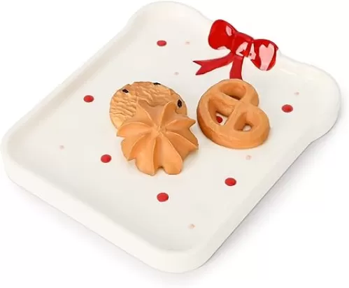 Koythin Ceramic Dessert Plates, Dinner Plate, Cute Bow Creative Design, Printed Bowknot Flowers Dinnerware for Office and Home, Kitchen (Red Dot)
