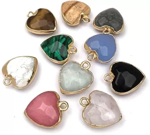 LHJ 10 Pcs Heart Shaped Natural Stone Pendants Faceted Healing Crystal Agate Random Charms for Jewelry Making Necklace Bracelet