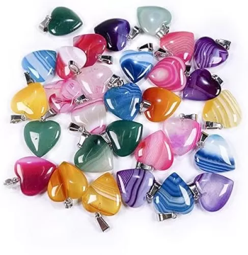 LHJ 20 Pcs Natural Stone Pendants Heart Shape Crystal Quartz Agate Charms for Jewelry Making Necklace Bracelet