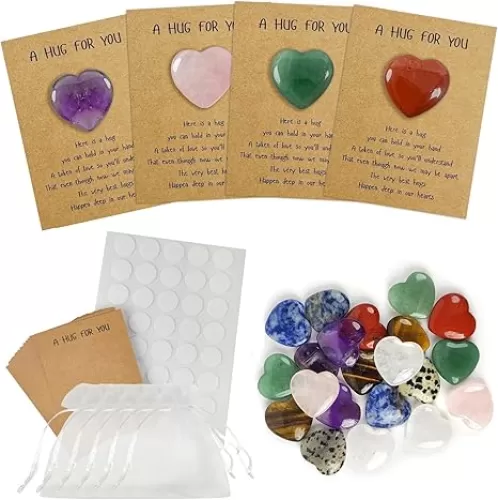 LipLopBest 24 Sets Pocket Hug Token Card with Heart Shaped Natural Stones Hug Card Greeting Cards Keepsake Exchange Gift for Friends Family Colleagues (Multicolour)