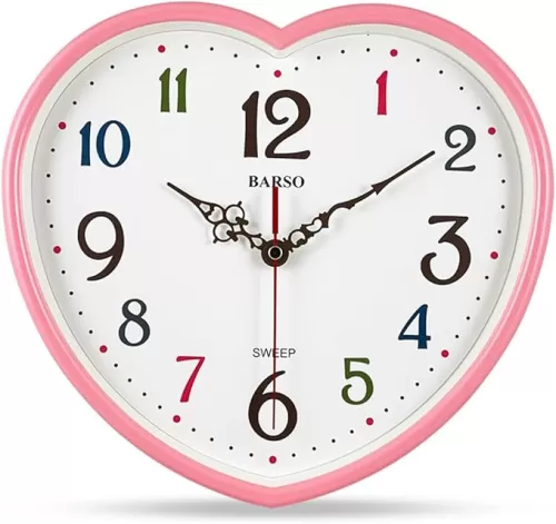 Love Heart Silent Wall Clock, 10 Inch – Colored Numbers, Perfect for Bedroom or Living Room (Pink)