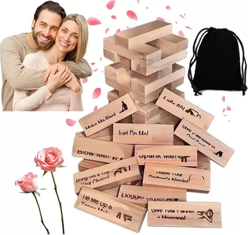 Lust Tower Games for 48pcs Adults Super Naughty Block Tower Tumbling Wooden Tower Stacking Block for Couples Date Night Ideas for Valentine Lover Drunking Games(with Bag)