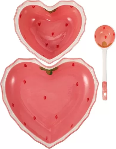 Luxshiny Ceramic Plate Ceramic Pudding Bowls Heart Shaped: Strawberry Dessert Bowl with Plate Spoon Fruit Salad Appetizer Snack Mixing Bowl for Home Kitchen Restaurant Sushi Dishes