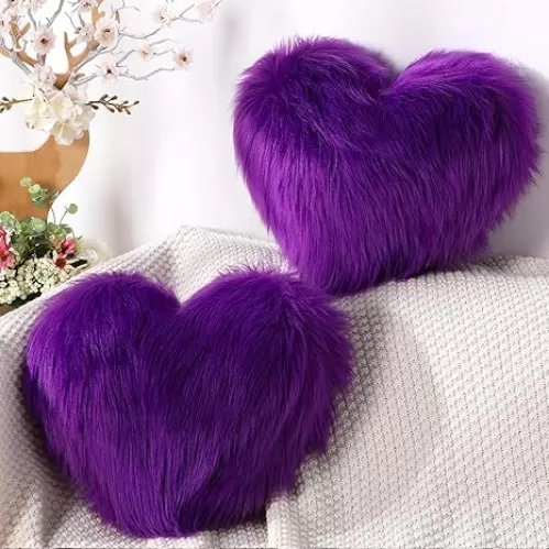 Maitys 2 Pieces Heart Shaped Pillows Faux Fur Throw Fluffy Cute Soft Throw Pillows Decorative with Insert for Bedroom Living Room Sofa Couch, 12 x 16 Inch(Violet)