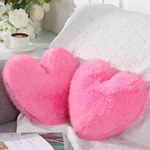 Marsui 2 Pcs Fluffy Heart Shaped Pillow Plush Cute Heart Shaped Throw Cushion Stuffed Decorative Gift Throw Pillow for Couch Bed Sofa Decoration Women(Bright Red，11.81 x 11.02 Inch)