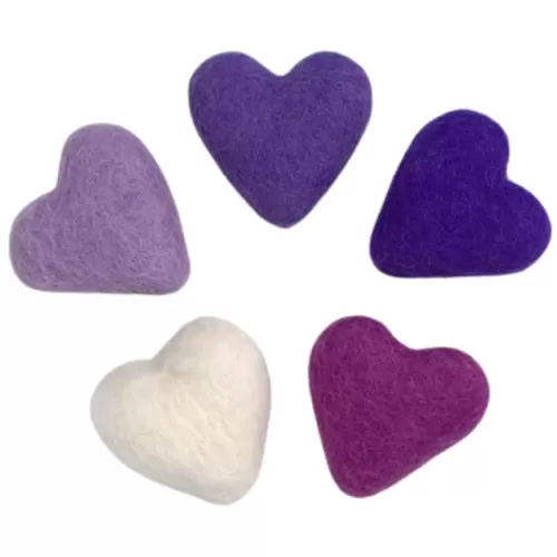 Matthew and Mae Valentine's Felt Hearts- Approx 1.75" Tall- 100% Wool- Craft Shapes, Tiered Tray Figurine, Holiday Bowl Filler, Home Decor Gift- Handmade (Shades of Purple/White)