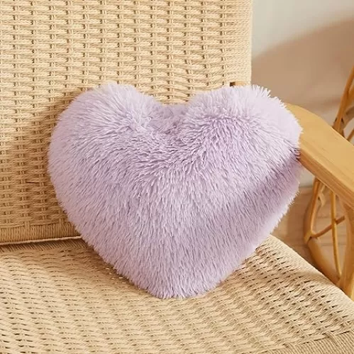 MEGO Fluffy Heart Pillow, Faux Fur Decorative Throw Pillow Light Purple, Plush Shaggy Heart Shaped Pillow with Insert&Cover, Cute Furry Throw Pillows for Kid Girls Women, Lavender
